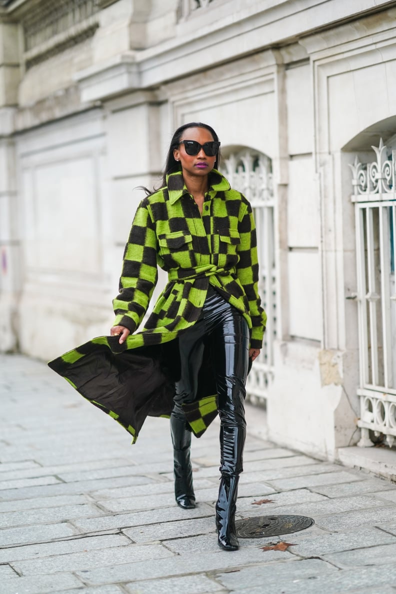 Drape a Statement Checkered Coat Over Patent-Leather Pants