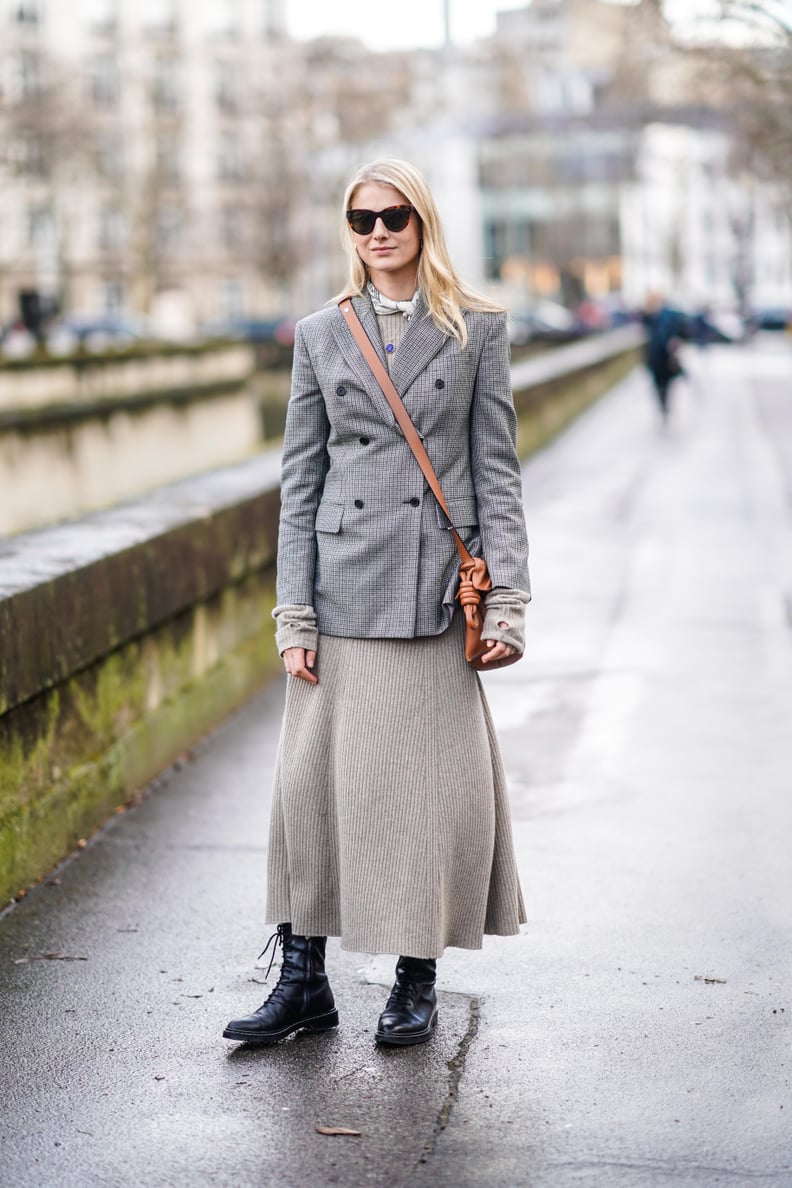 Style Your Sweater Dress With a Double Breasted Blazer and Black Combat Boots