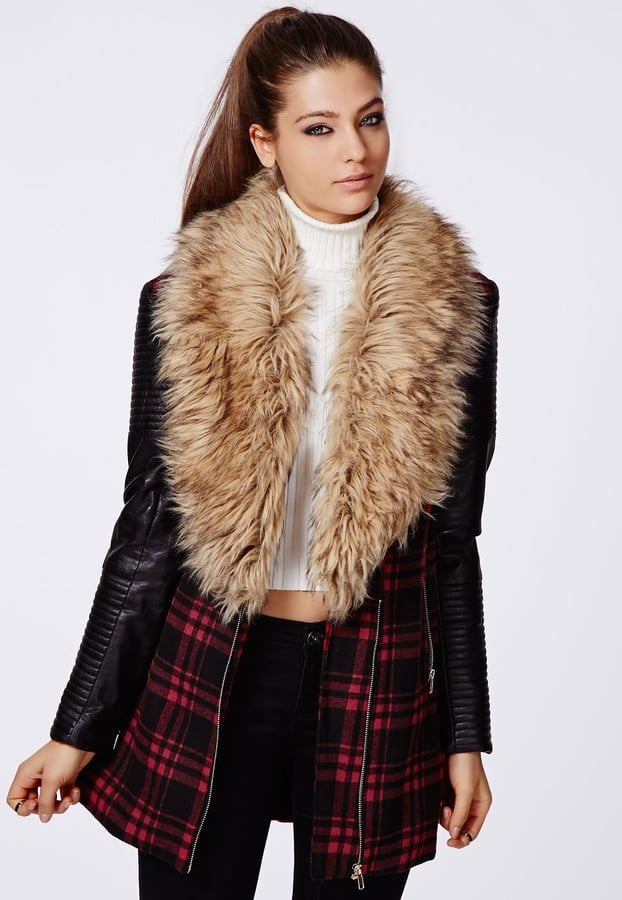 Orla Faux Fur Leather Biker Sleeve Coat in Red Check (123) Faux Fur