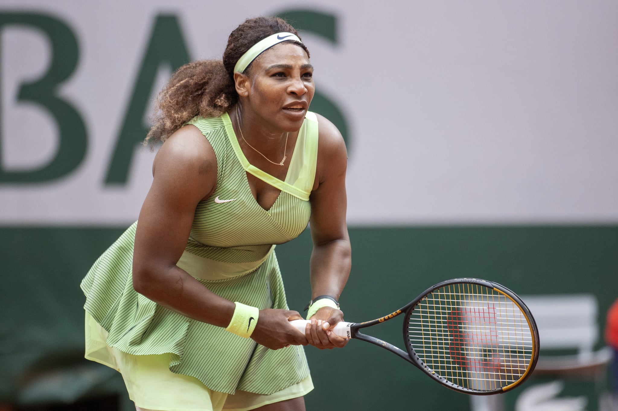 PARIS, FRANCE June 4.  Serena Williams of the United States in action against Danielle Collins of the United States on Court Philippe-Chatrier during the third round of the singles competition at the 2021 French Open Tennis Tournament at Roland Garros on June. 4th 2021 in Paris, France. (Photo by Tim Clayton/Corbis via Getty Images)