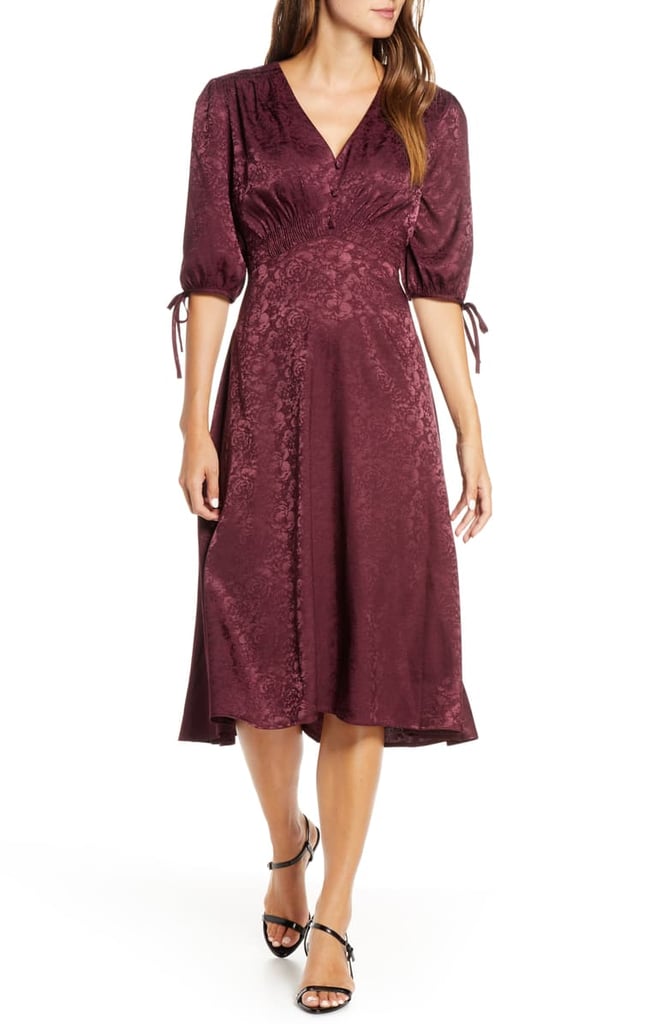 Maison Tara Tie Sleeve Satin Jacquard Midi Dress