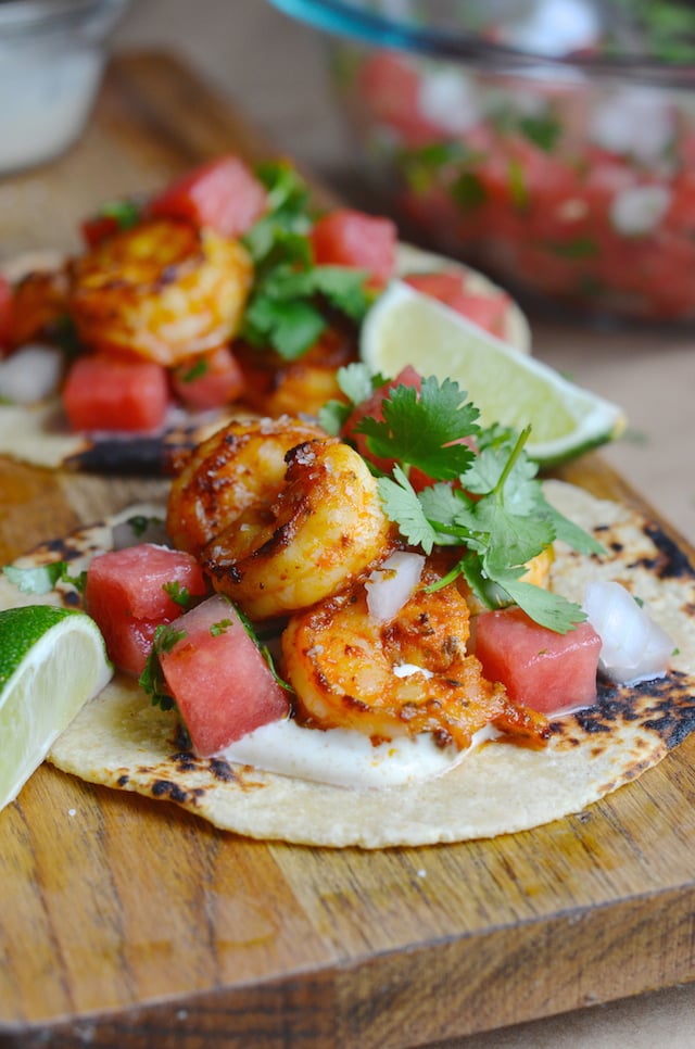 Shrimp Tacos With Watermelon Pico de Gallo