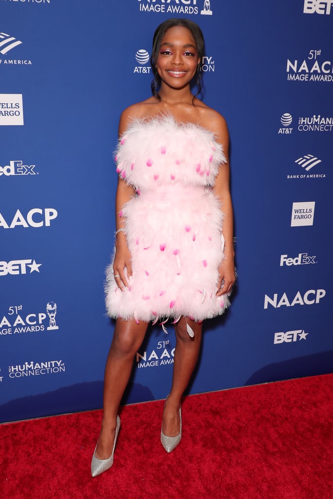 Marsai Martin had plenty to celebrate at the NAACP Image Awards dinner on Feb. 21, but we're ready to throw a party for her outfit choice alone. The 15-year-old Black-ish star took home three big awards during Saturday's non-televised event, and she wore a feathery Pamella Roland frock for the occasion. 
Marsai was flying high on the red carpet in the light pink minidress, which came from the designer's Spring/Summer 2019 runway collection. Her stylist, Jason Rembert, finished the look off with sparkling heels and glittery jewelry — how chic! Keep reading for a look at Marsai's dress on the runway, and then see more photos of her glam night out.

    Related:

            
            
                                    
                            

            Marsai Martin&apos;s Flawless Braided Bob and Spiral Hair Gems Are So Quintessentially &apos;90s
