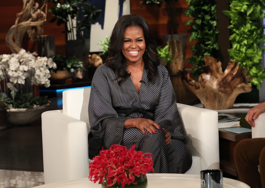 Michelle sat down for an hour-long interview on The Ellen DeGeneres Show wearing a striped set by Zero + Maria Cornejo. Later in the segment, Michelle switched into a Romeo Hunt jacket, G-Star Raw jeans, and Alexander Wang shoes for their hilarious trip to Costco.