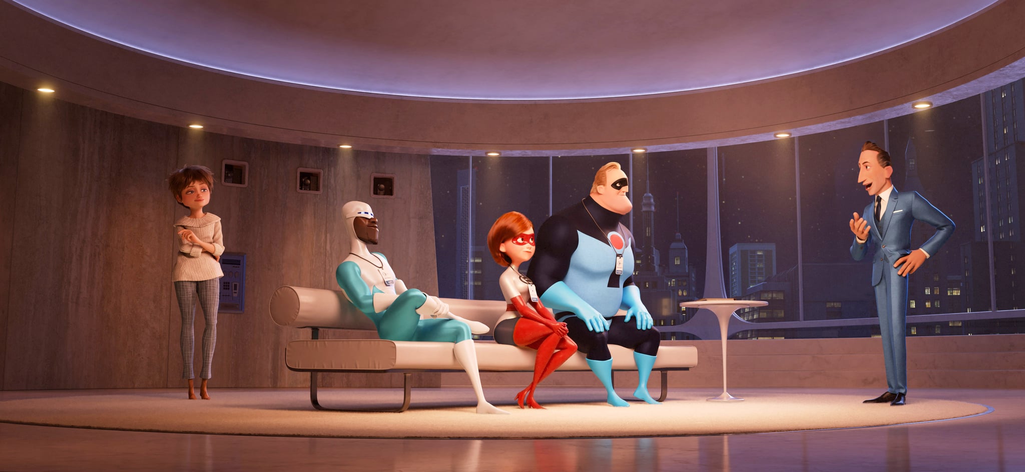 INCREDIBLES 2, from left: Evelyn Deavor (voice: Catherine Keener), Frozone (voice: Samuel L. Jackson), Elastigirl (voice: Holly Huntger), Bob Parr (voice: Craig T. Nelson), Winston Deavor (voice: Bob Odenkirk), 2018.  Walt Disney Studios Motion Pictures /courtesy Everett Collection