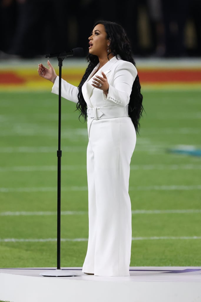 Demi Lovato's White Tuxedo Jumpsuit at the Super Bowl LIV
