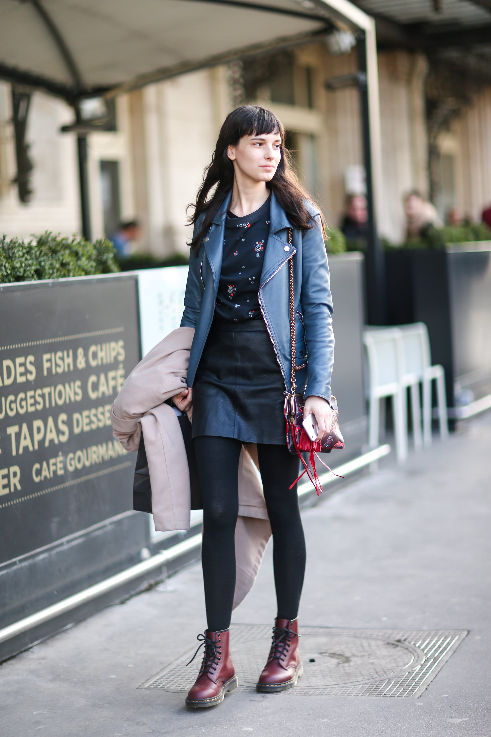 Layer Leggings Under a Short Skirt and Moto Jacket