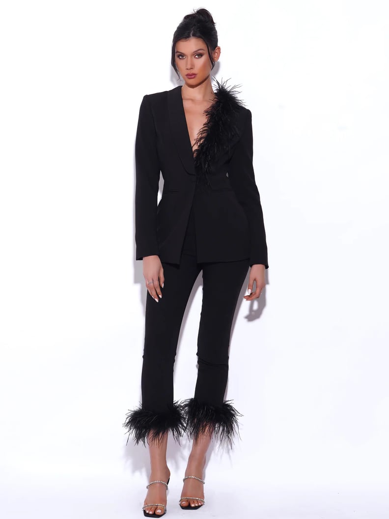 Miss Circle Black Suit With Feather Trim