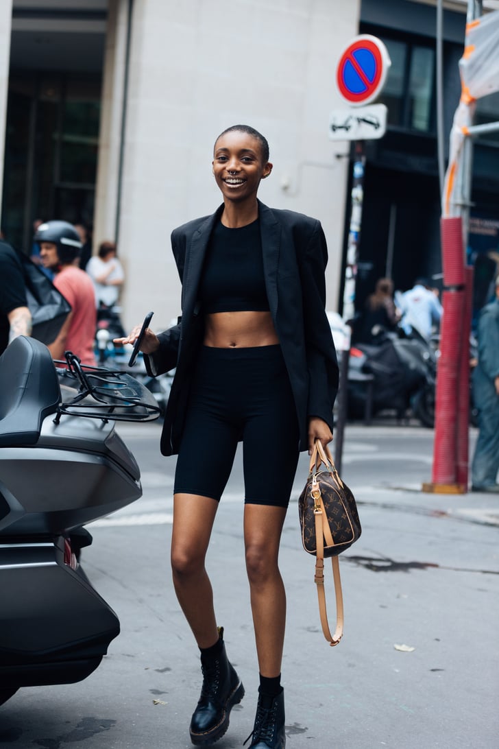 night out outfit blazer and cycling shorts