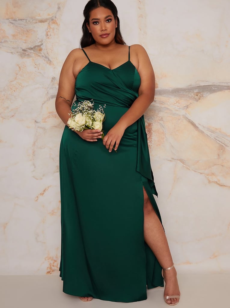 Green Bridesmaid Dress: Chi Chi London Plus Size Satin Finish Drape Maxi Dress in Green