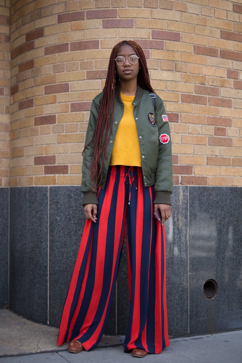 Striped Trousers + Sweater + Bomber