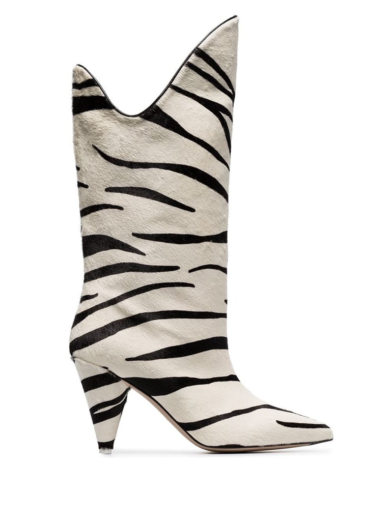 Attico White Betta 85 Zebra Print Pony Hair Leather Mid Calf Boots