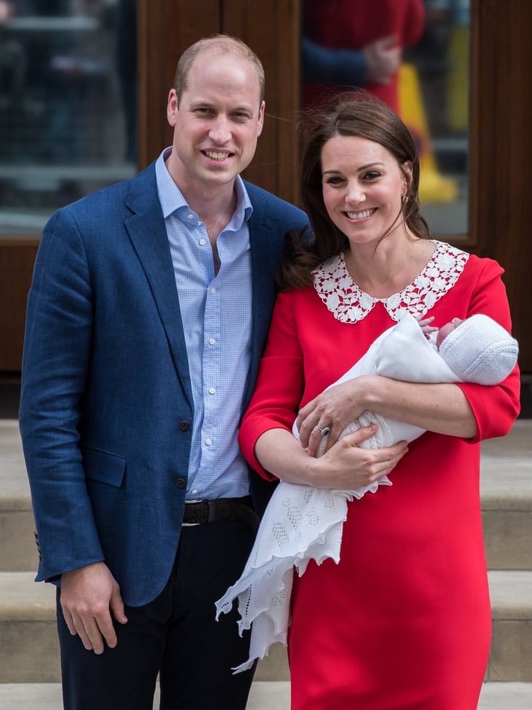 Sweetly, Prince Louis was wrapped in the same knitted blanket that had been used with both of his siblings and wore the same bonnet that Princess Charlotte wore after her birth. But the newborn's "outfit" was second in interest to Kate's. She once again selected a dress by designer Jenny Packham, this time a red shift with a peter pan collar. Immediately comparisons to the red dress Princess Diana wore following the birth of Prince Harry were made, with most assuming Kate's bold choice was an intentional tribute to William's late mother. 
If Kate was even aware of the commentary being made about her, she kept her cool and owned her brief appearance outside the hospital, like she did with the others. The third-time mom appeared happy, relaxed, and even more so this time — ready to get back home!