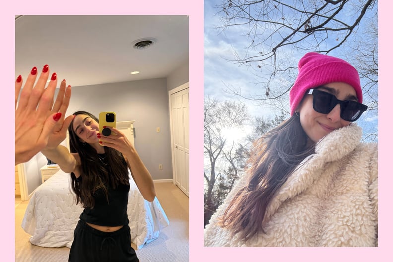 Andi Breitowich high-fiving herself in the mirror and going for a walk outside.