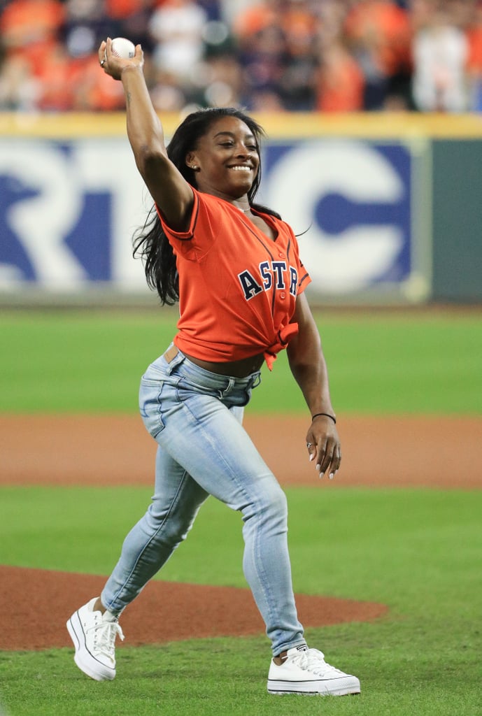 Watch Simone Biles Flip Before Throwing World Series Pitch