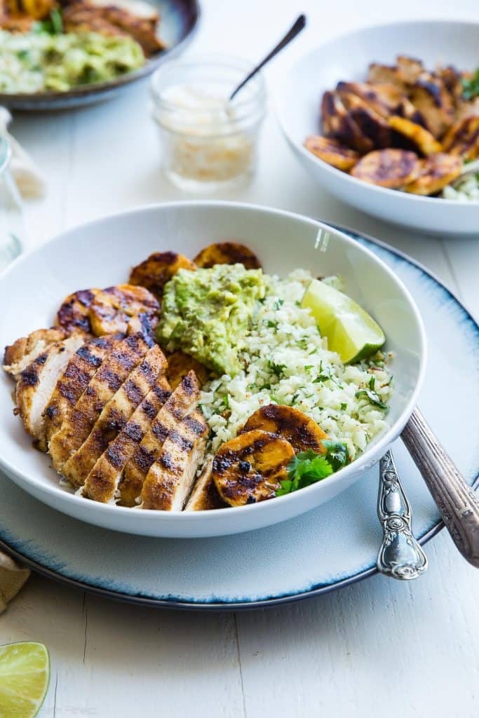 Caribbean Chicken Bowls With Grilled Plantains and Coconut Cauliflower Rice