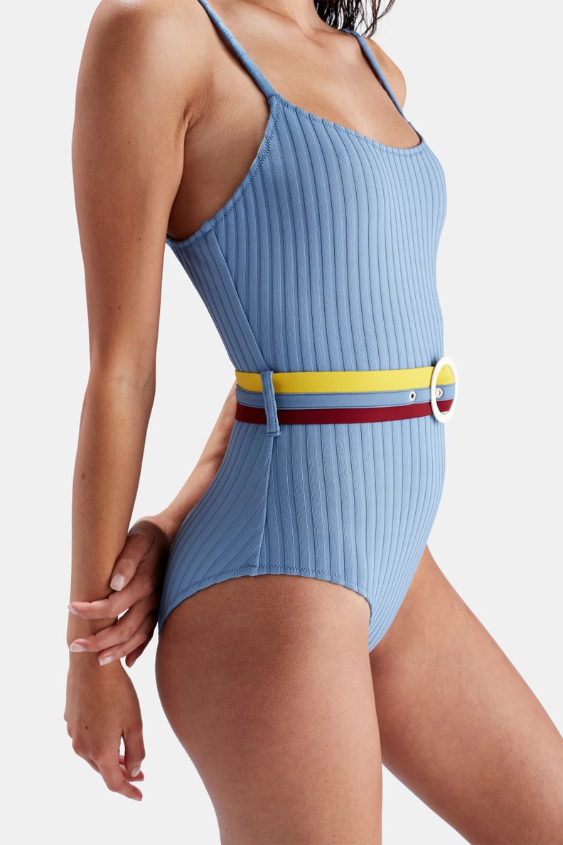 Solid + Striped The Nina Belted Ribbed Stretch-Knit Swimsuit