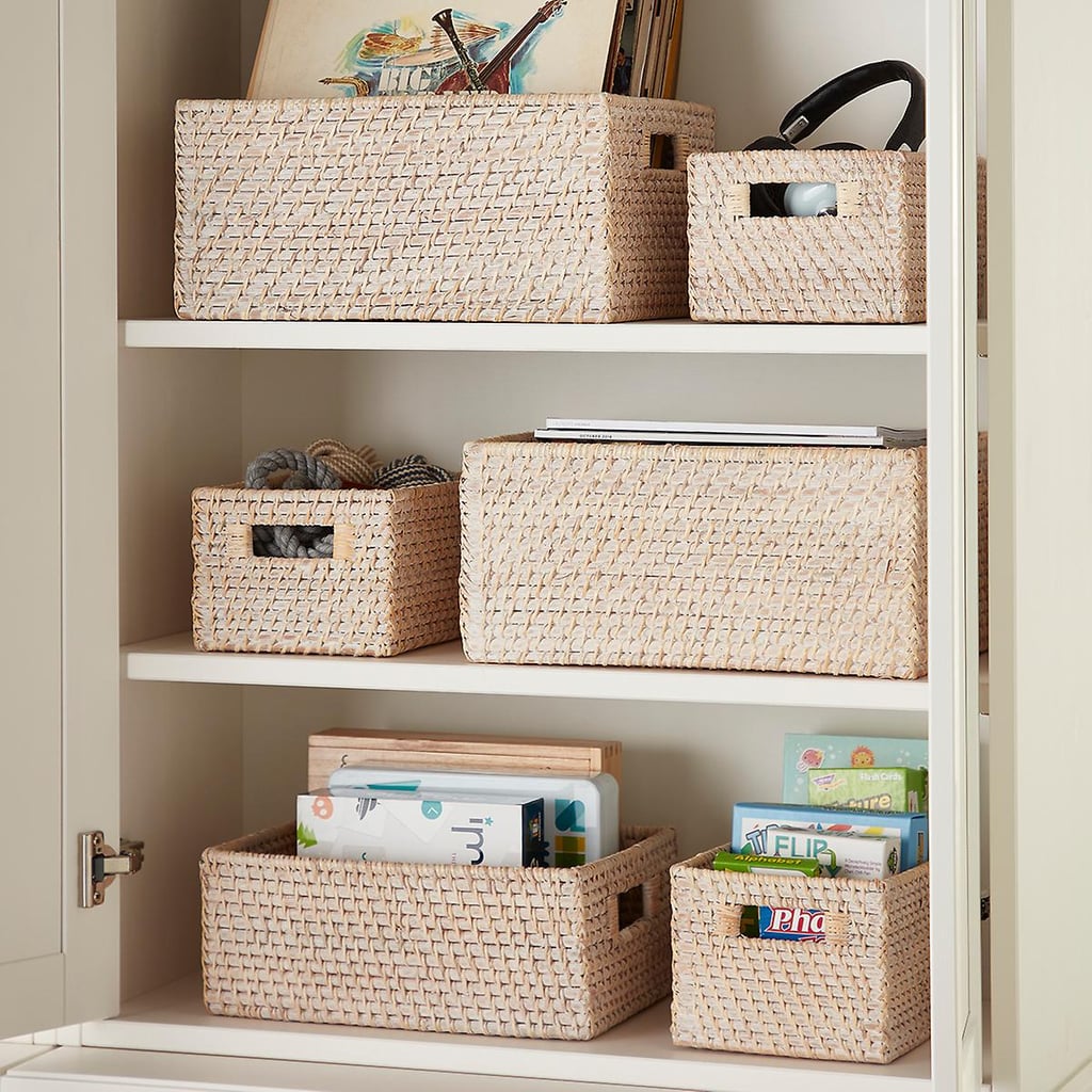 Whitewashed Rattan Storage Bins with Handles