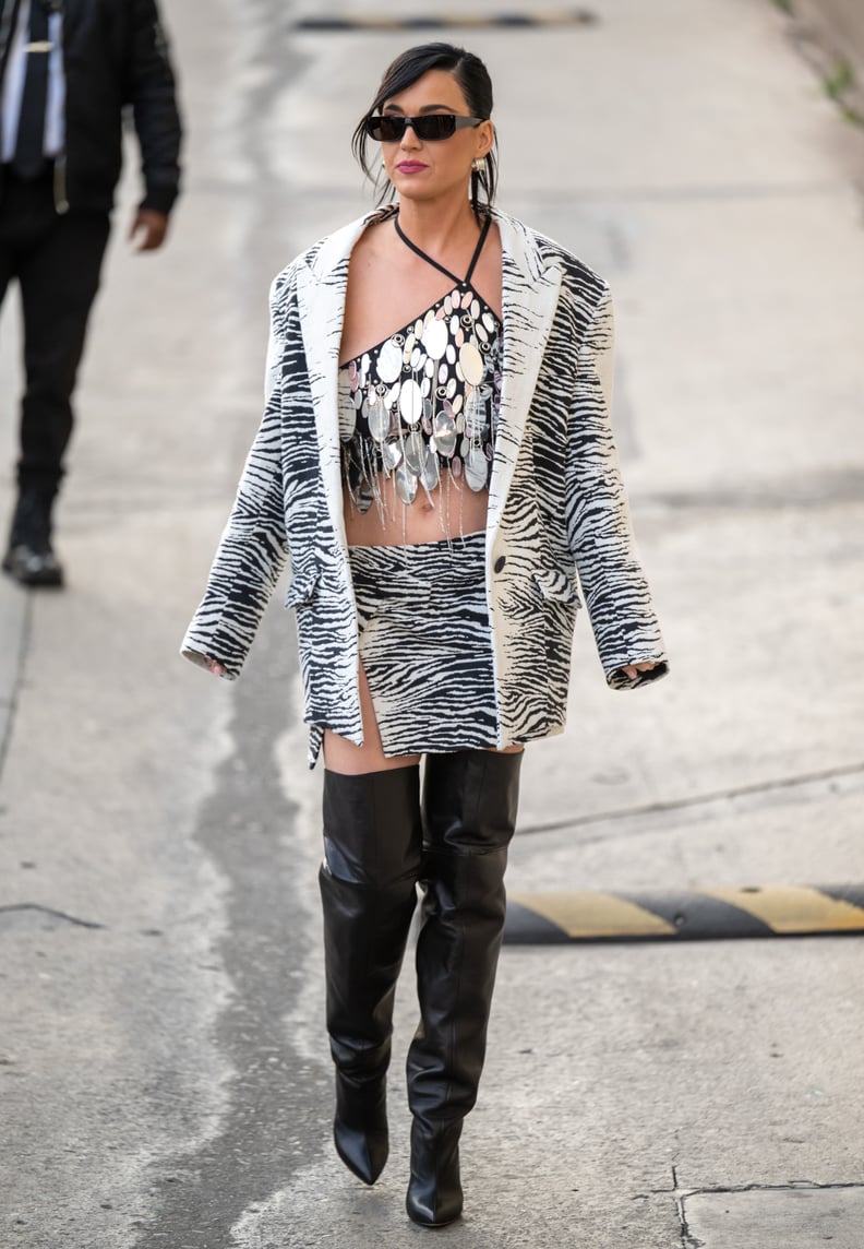 Katy Perry's Zebra Blazer and Skirt on Jimmy Kimmel Live | POPSUGAR Fashion