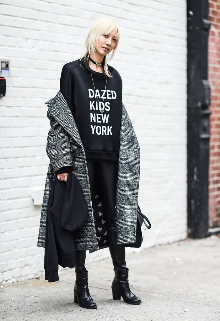 Model Soo Joo Park proved that graphic sweatshirts and cool chokers go together like peanut butter and jelly with this edgy New York Fashion Week look. Model Soo Joo Park proved that graphic sweatshirts and cool chokers go together like peanut butter and jelly with this edgy New York Fashion Week look.