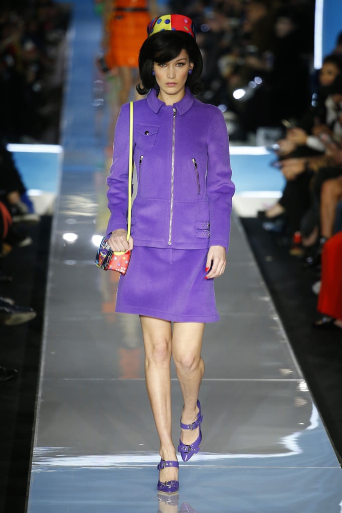 Bella Wore a Purple Suit Set on the Moschino Runway