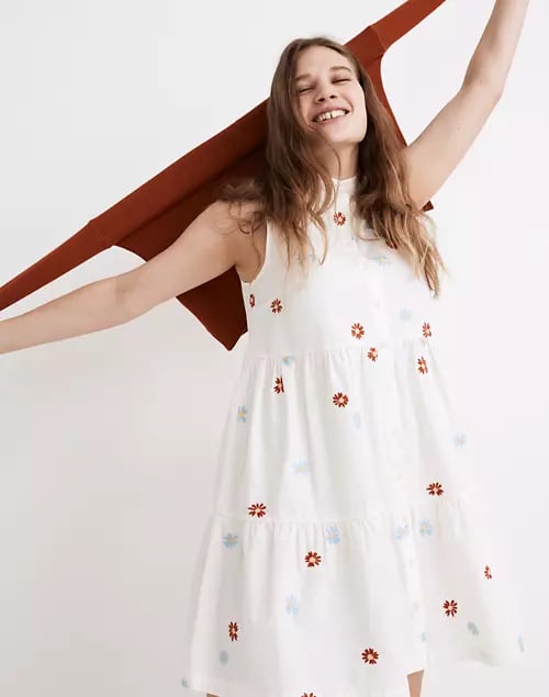 Daisy Embroidered Banded-Collar Tiered Dress