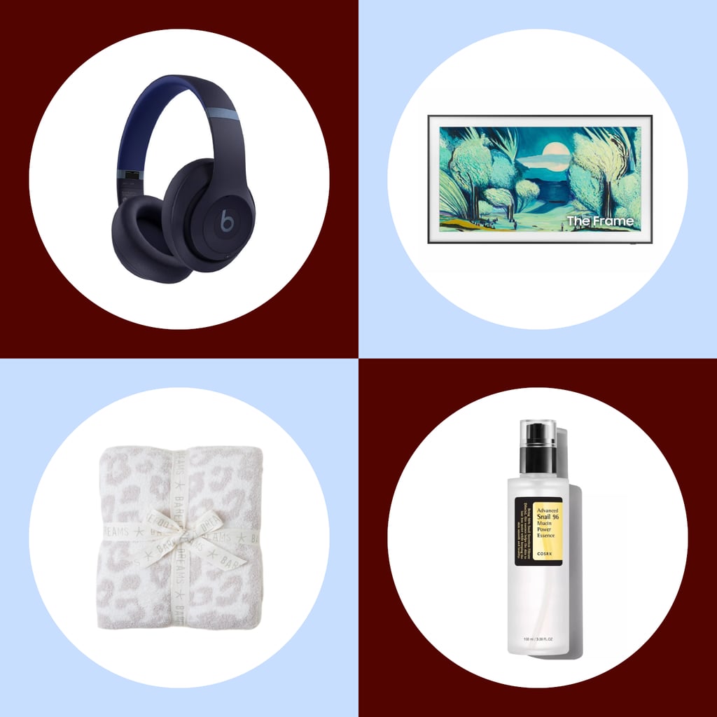 Product collage of Beats headphones, a Samsung TV, Barefoot blanket, and a Cosrx mucin.