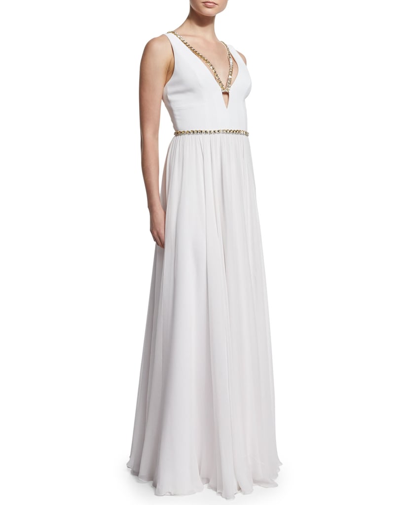Jenny Packham Metallic-Trimmed V-Neck Gown, White ($3,340)