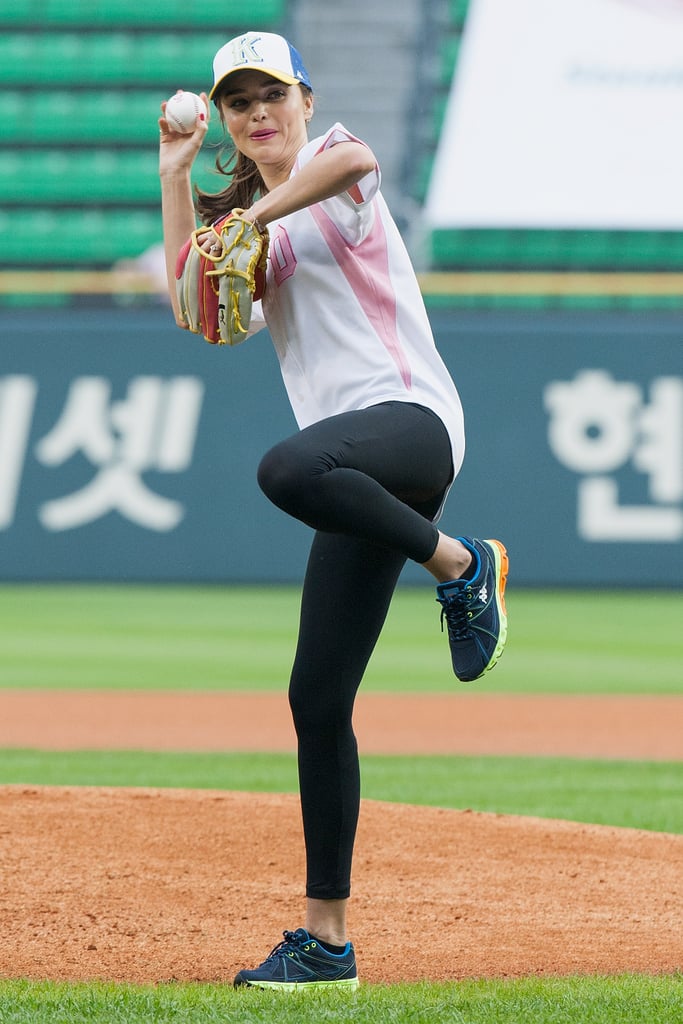 Miranda Kerr fired one past home plate during a baseball game in Seoul, South Korea, in June 2013.