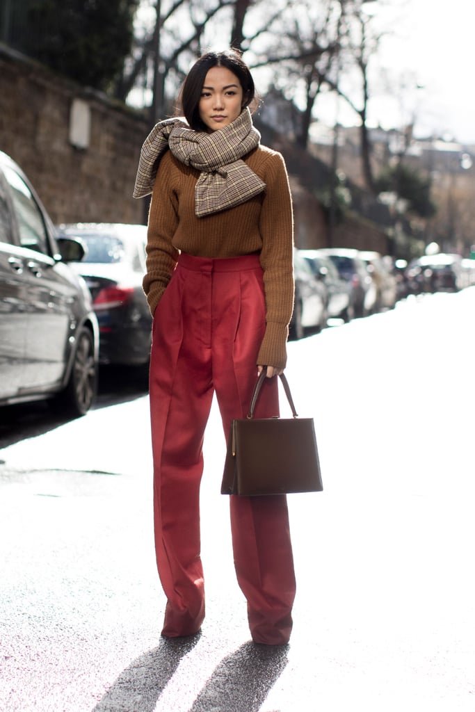 Style a Cozy Sweater and High-Waisted Pants With a Chunky Plaid Scarf