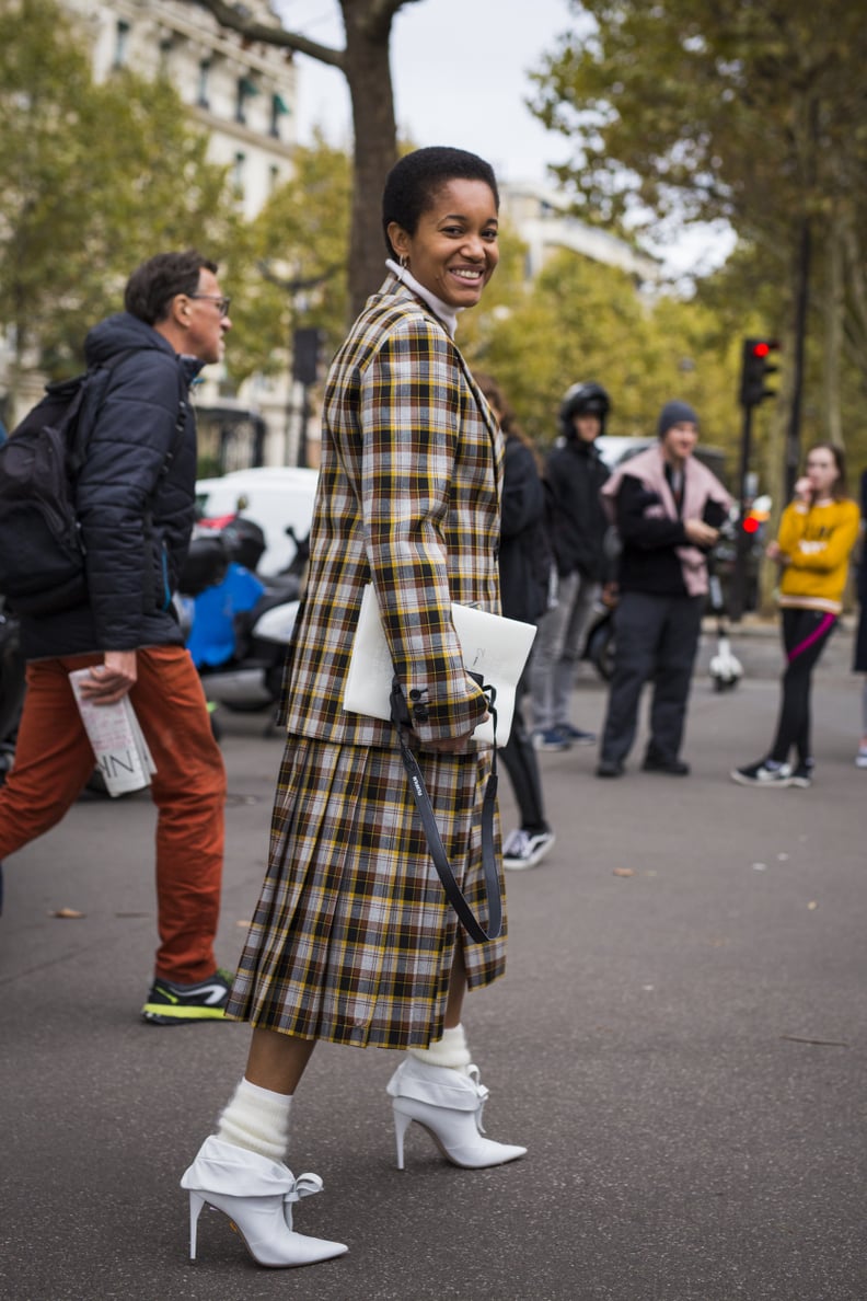 Style a Checkered Coat With White Heeled Boots