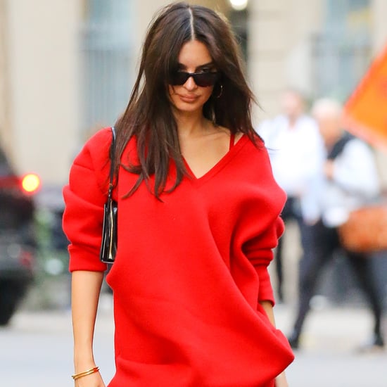 Emily Ratajkowski Wears Red Loewe Sweater With No Trousers