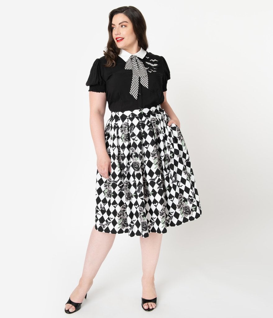 Hell Bunny Plus-Size 1950s Black and White Checkered Hauntley Swing Skirt