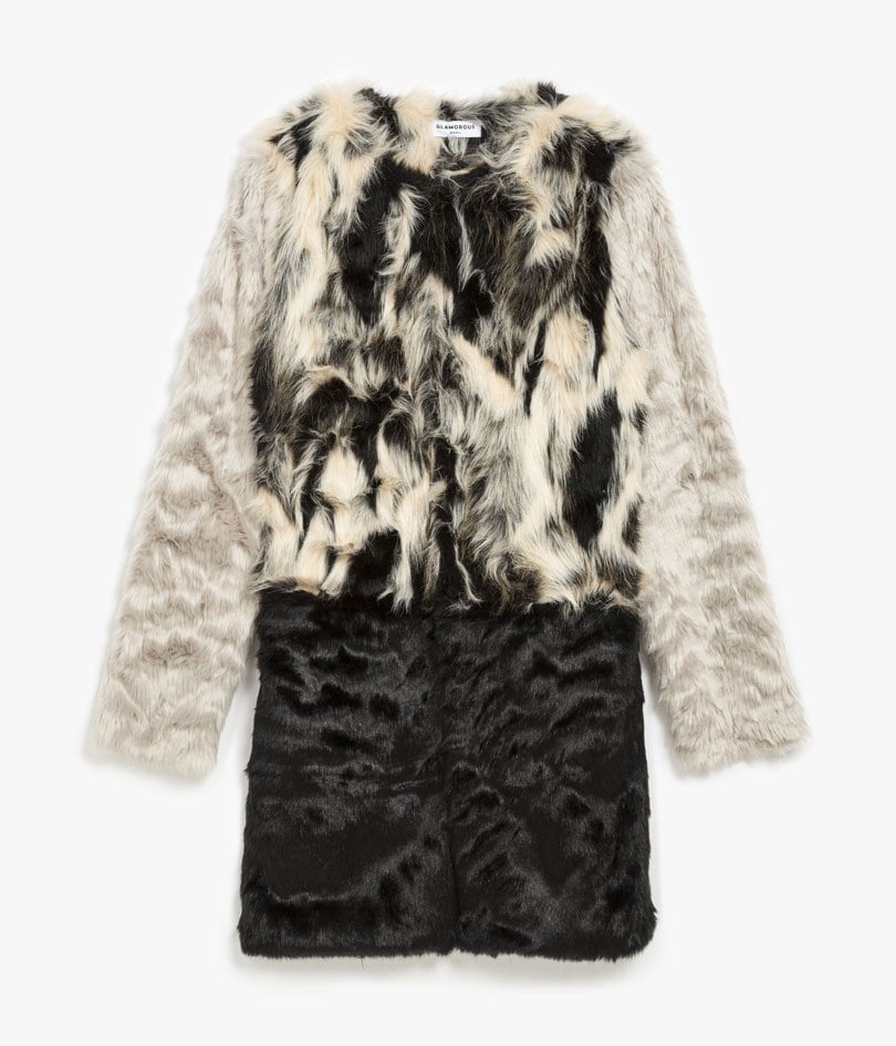 "Fur is all the rage this season! I like the contrast and the geometry of this Azalea faux fur long coat ($185)."