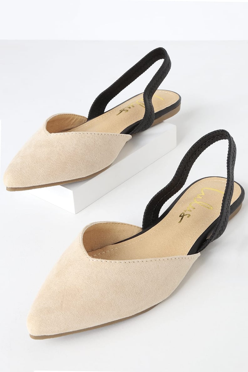 Everyday Flats: Mae Beige and Black Suede Pointed-Toe Slingback Flats