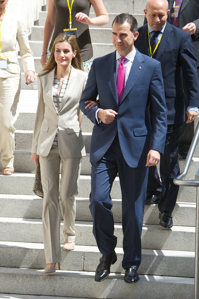 Spanish royals Prince Felipe and Princess Letizia stepped out at the Archaelogical Museum in Madrid on Thursday.