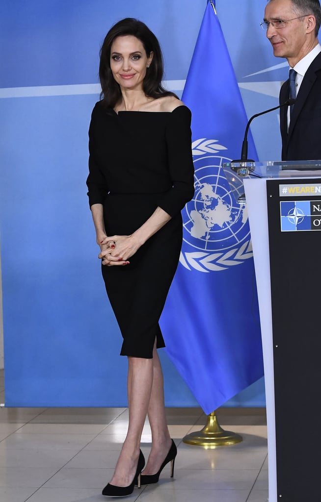 Angelina Jolie Black Off the Shoulder Dress