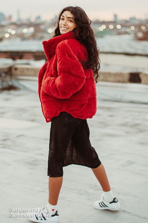 women's shiny puffer coat with fur hood