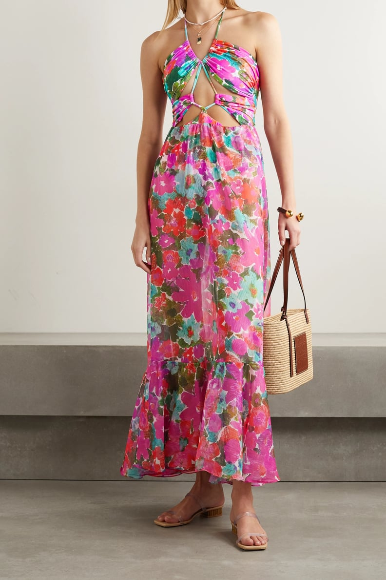 PatBO Gabi Cutout Floral Print Crepon and Stretch Jersey Halterneck Maxi Dress