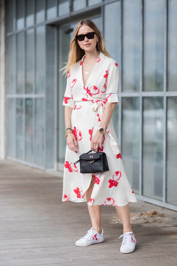 floral dress and sneakers