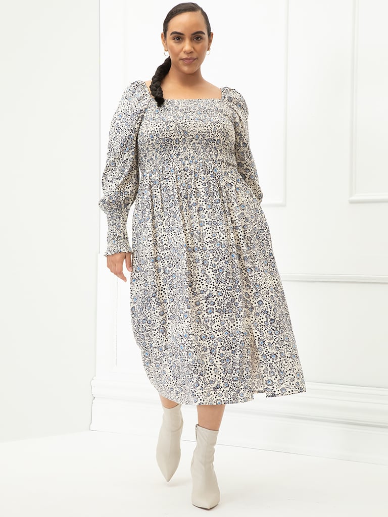 ELOQUII Elements Women's Plus Size Dandelion Print Midi Dress with Smocked Bodice