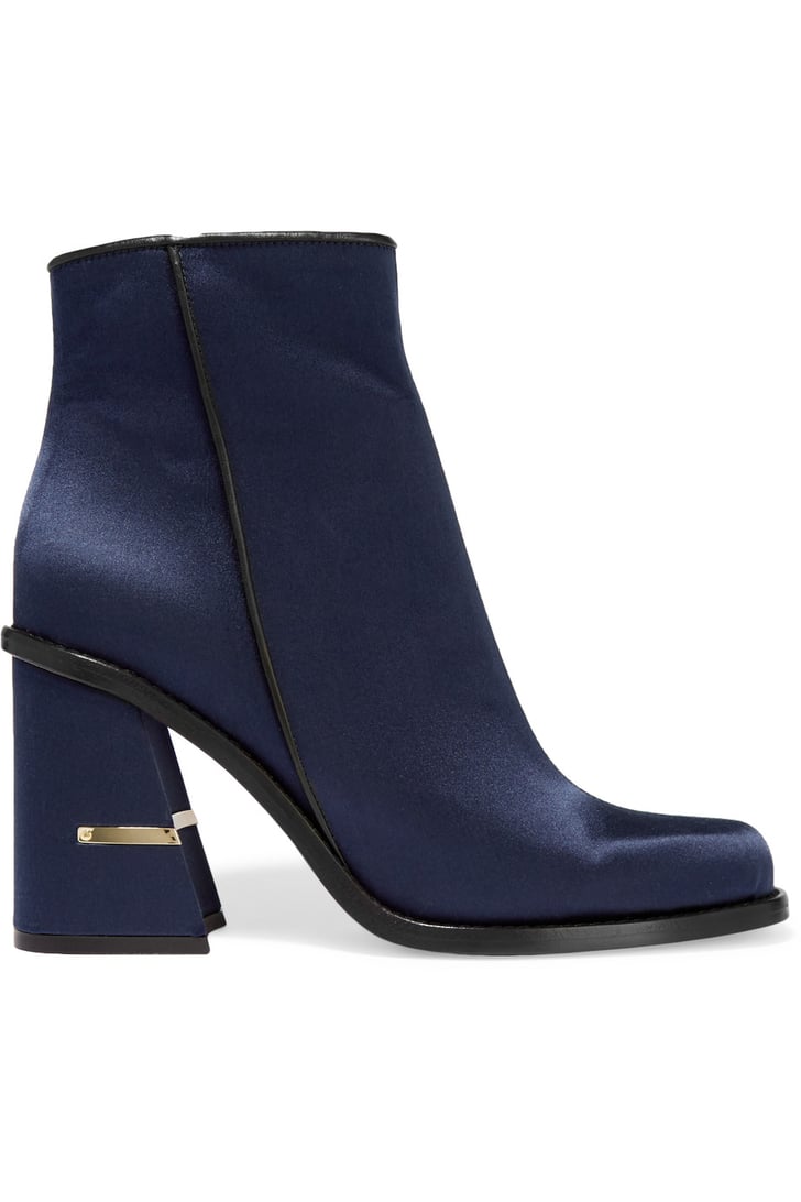 Tibi Nora Leather-Trimmed Satin Ankle Boots — Navy ($625) | Satin Shoe ...