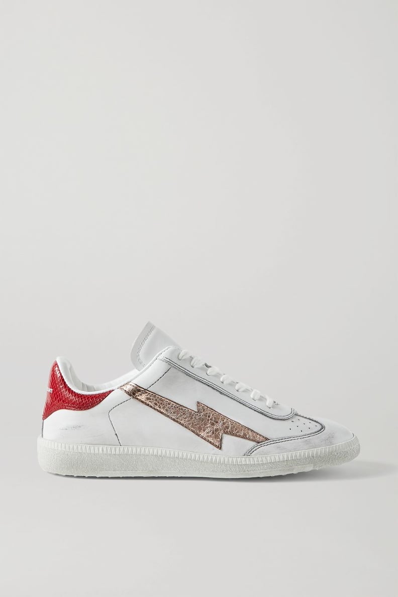Isabel Marant White Bryce Distressed Metallic-Trimmed Snake-Effect and Smooth Leather Sneakers