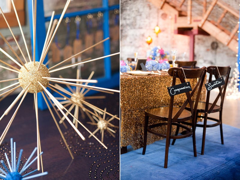 A Whovian take on the bridal chairs is this "companion" and "sweetie" arrangement, a nod to River Song and the Doctor's many companions. 
Source: Candice Benjamin Photography