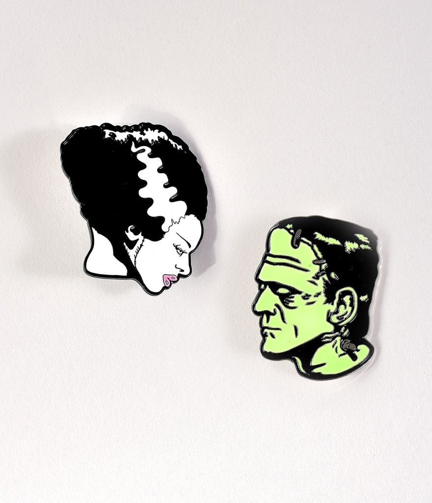 Bride and Frankenstein Glow-In-the-Dark Enamel Pin Set