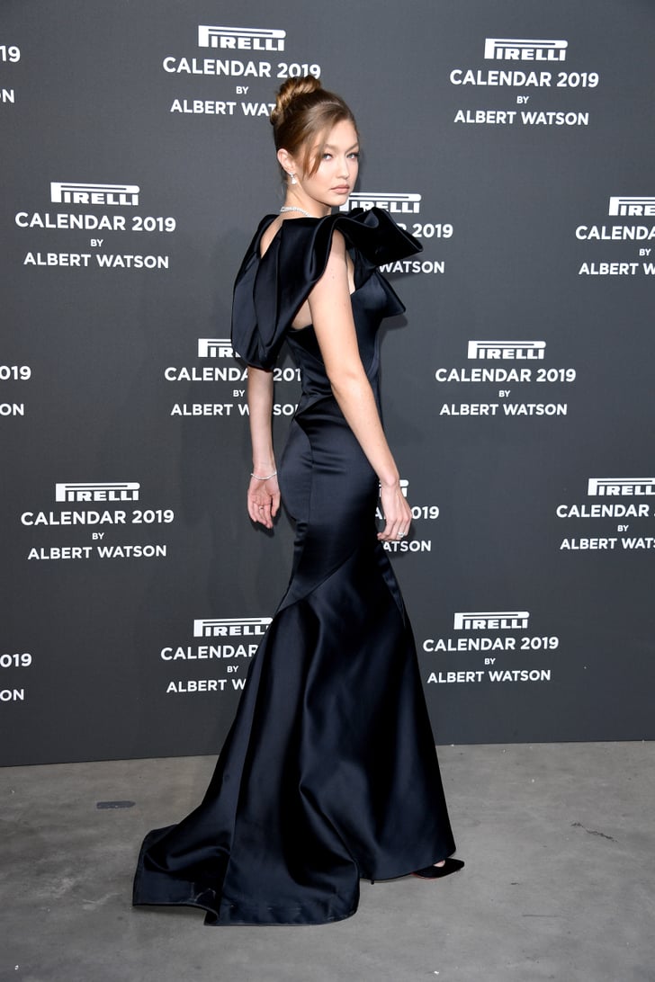 Gigi Hadid Black Zac Posen Dress at Pirelli Calendar Event | POPSUGAR