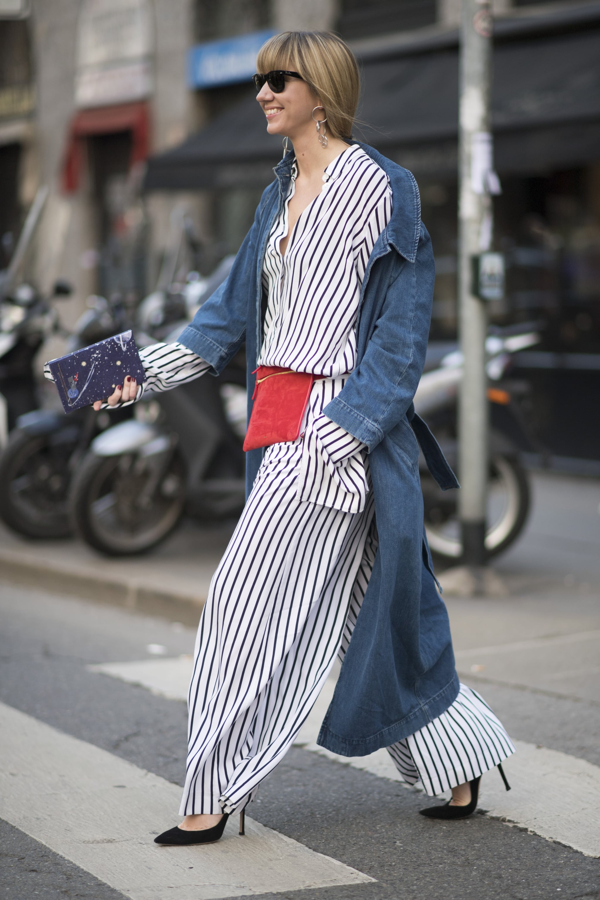 Double up on loose fitting stripes but style in a belt bag to