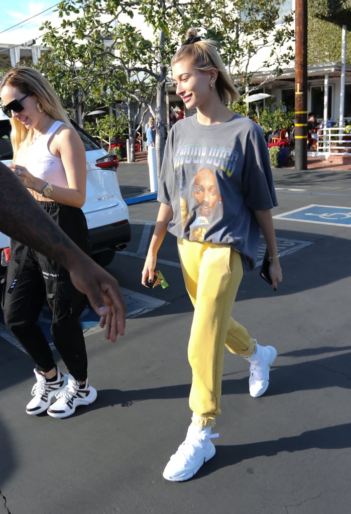 Hailey Baldwin Snoop Dogg Shirt and Yellow Sweatpants