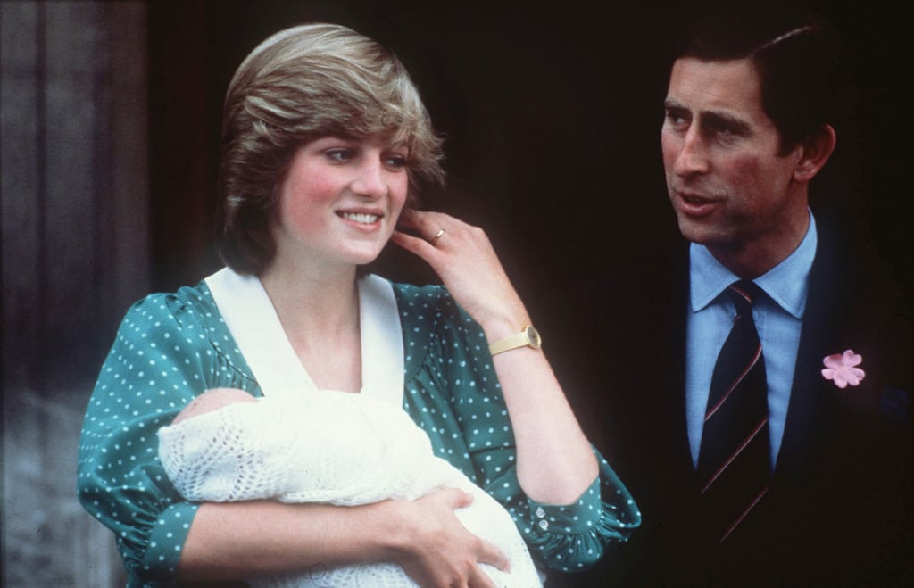 For the iconic moment in 1982 when Diana left St. Mary's Hospital with Prince William, she wore green and white spots from Catherine Walker.