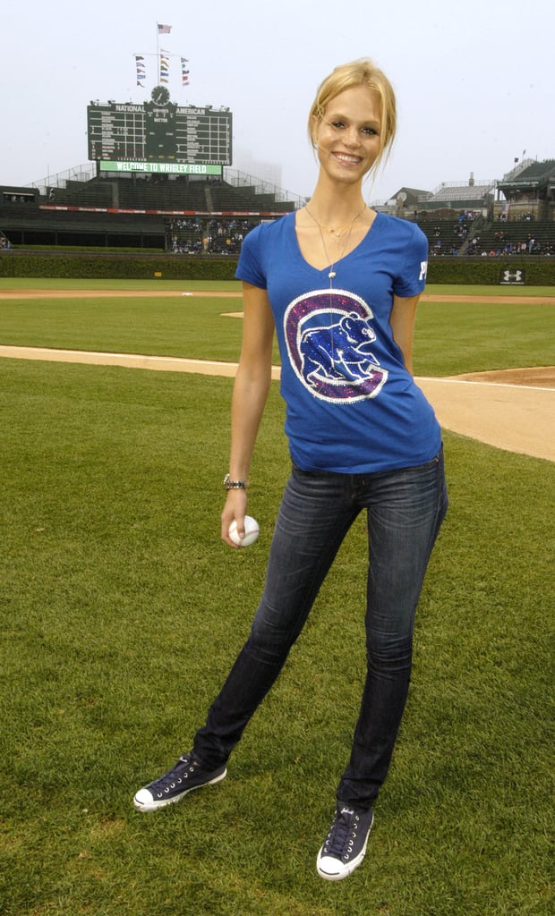 Erin Heatherton showed her pride for the Chicago Cubs before throwing out the first pitch in May 2011.